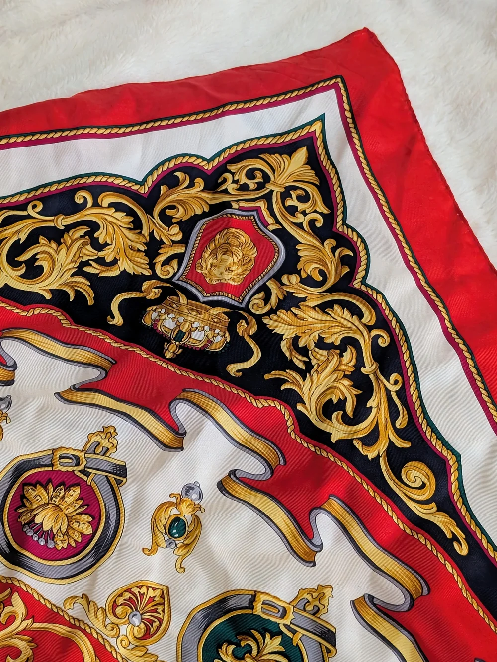 Vintage Japanese Silk Scarf Baroque Lion Medallion Red Gold 30x31
